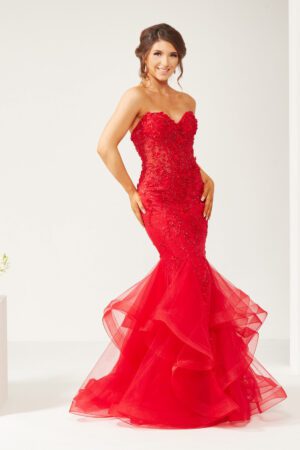 red strapless floral embroidered prom and evening dress