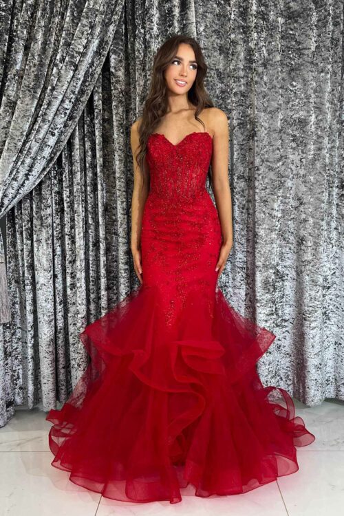 Red strapless floral embroidered prom and evening dress