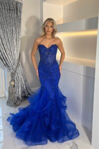royal blue strapless floral embroidered prom and evening dress