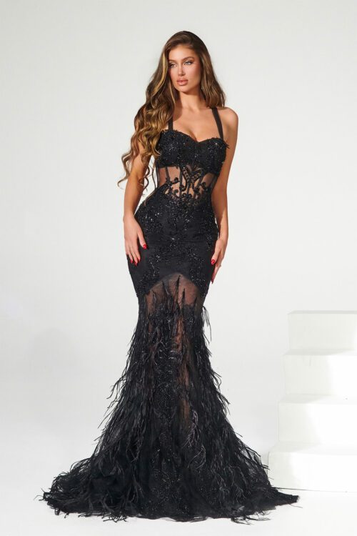Black Fishtail Dress With Feather Detailing | Red Carpet Ready