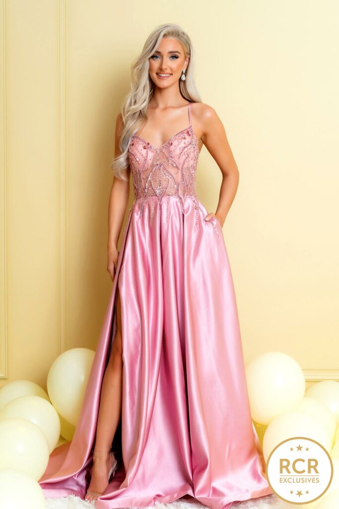 Satin ballgown with a leg slit