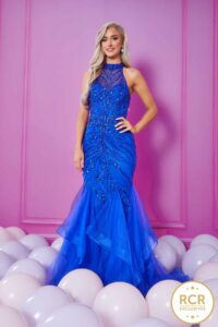 A royal blue halter neck embellished fishtail dress