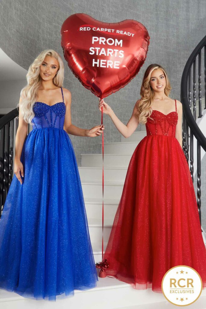 Red and Royal Blue Glitter skirt embellished corset prom and evening dress