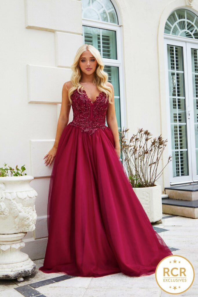 Wine Princess Prom Dress with a beautifully detailed bodice. 