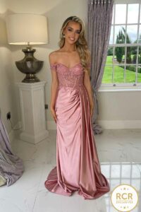 monroe blush off the shoulder detailed bodice satin prom and evening dress