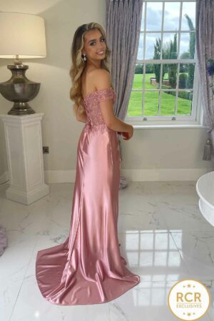monroe blush off the shoulder detailed bodice satin prom and evening dress