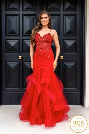 Red Fishtail gown with beaded bodice