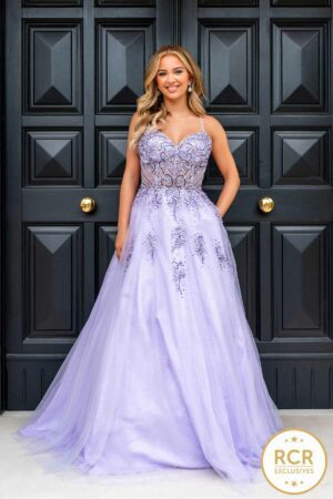 Lilac princess ballgown with detailed embellishments and a flowing skirt