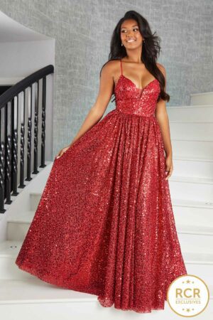 Red princess style Prom & Evening Dress which sparkles in the light