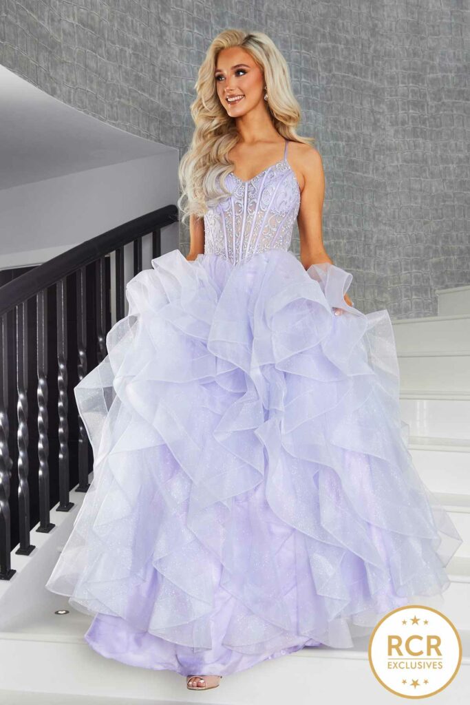 Lilac ruffle ballgown with a corset bust