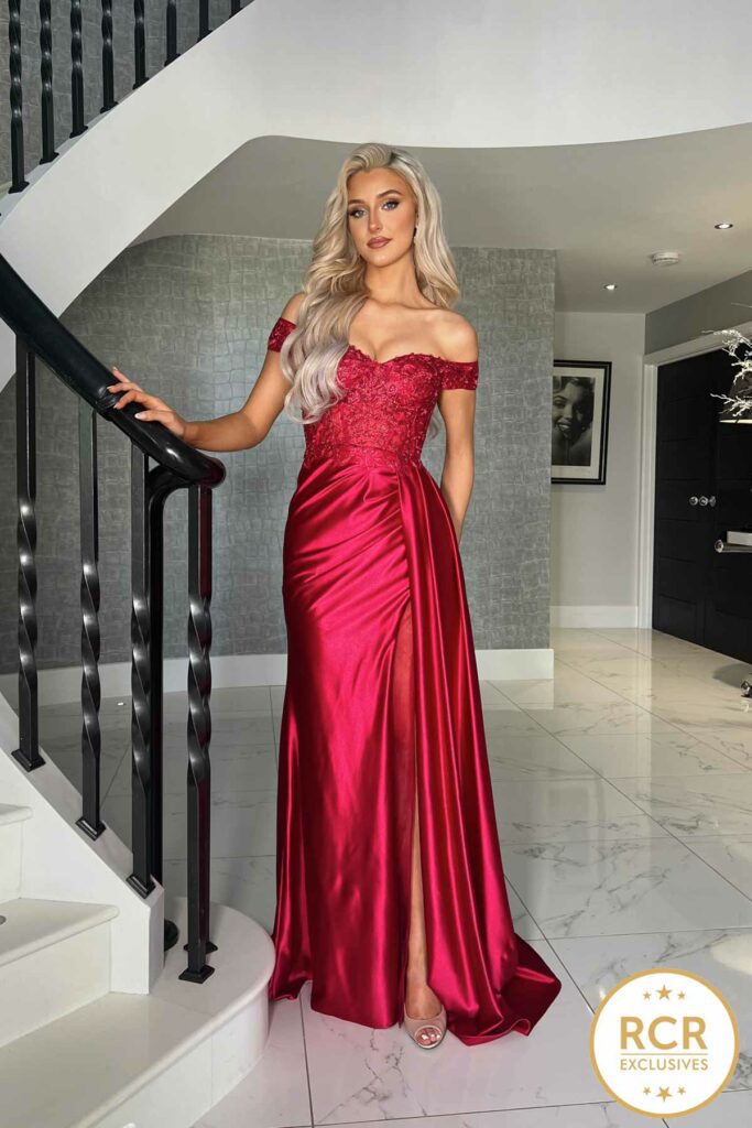 monroe wine off the shoulder detailed bodice satin prom and evening dress