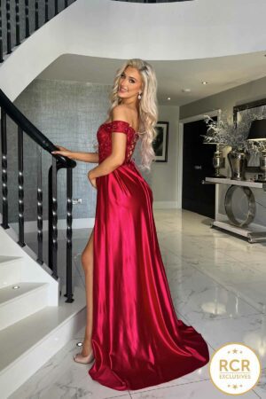monroe wine off the shoulder detailed bodice satin prom and evening dress