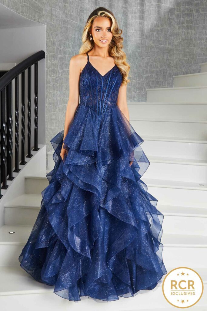corset boing ruffle ballgown with a sparkle skirt