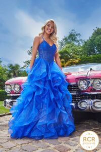Royal blue Tiered ruffled princess ballgown with corset bodice