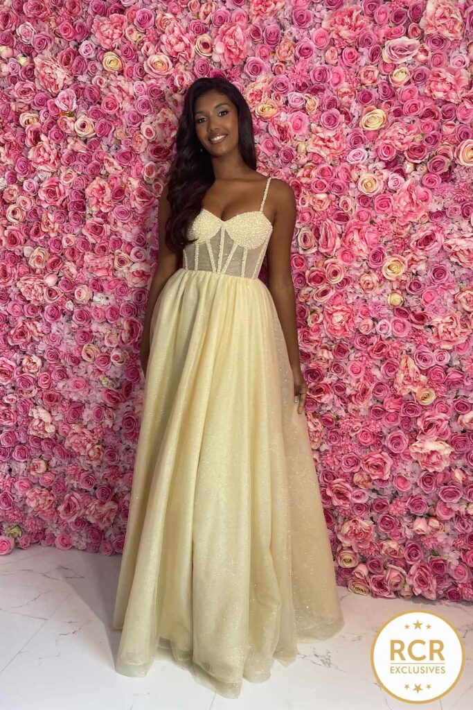 champagne glitter skirt embellished corset prom and evening dress