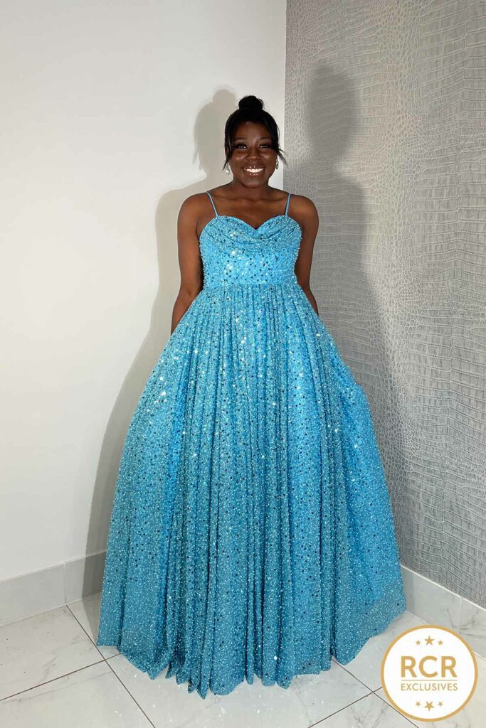 A baby blue princess style Prom & Evening Dress which sparkles in the light.
