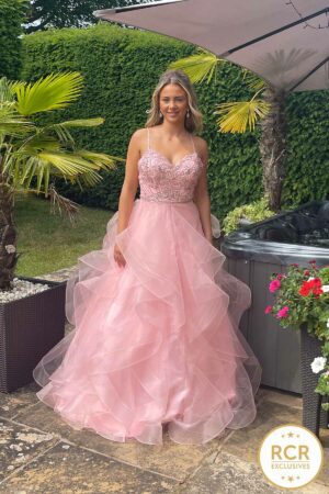 Tiered ruffled princess ballgown with handbeaded bodice