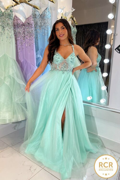 Mint embroidered corset prom and evening dress with open back