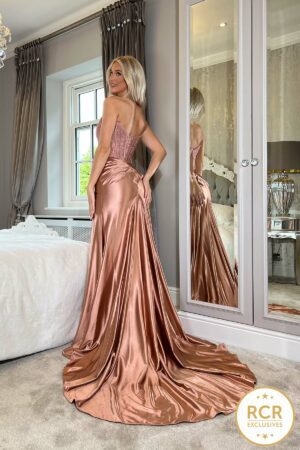 strapless slinky satin dress with leg split