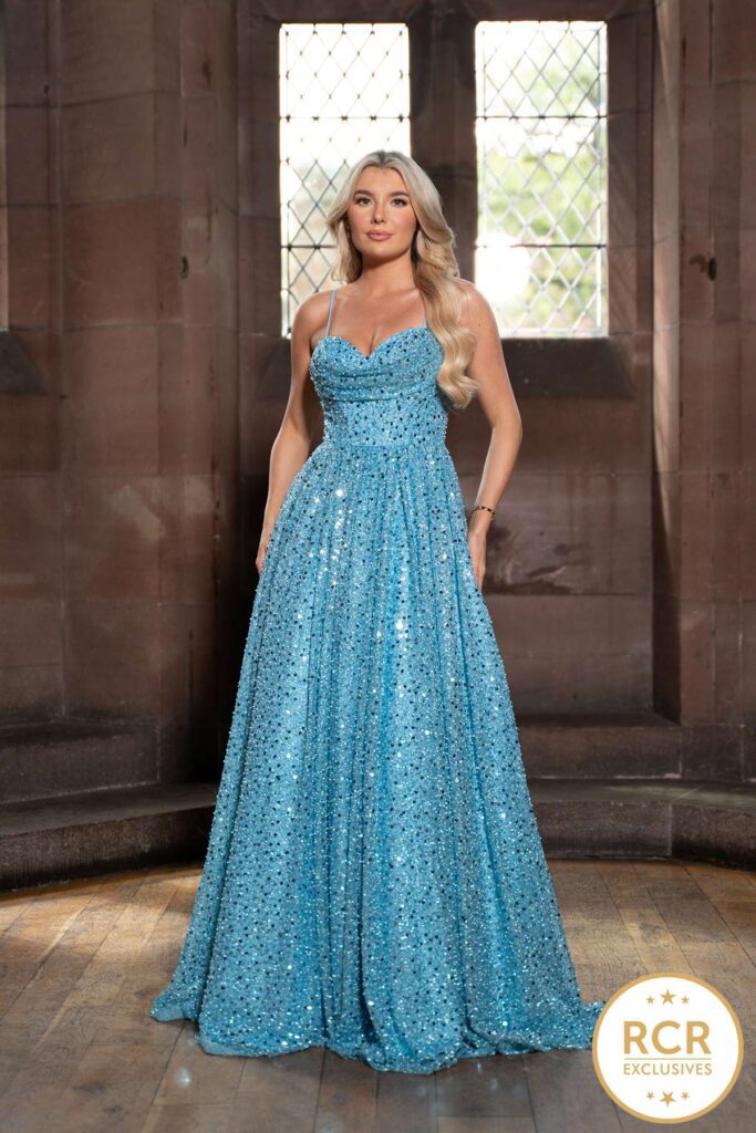 A baby blue princess style Prom & Evening Dress which sparkles in the light.
