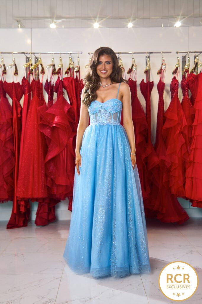 A-line princess dress with an embroidered corset bodice, straps and a leg split