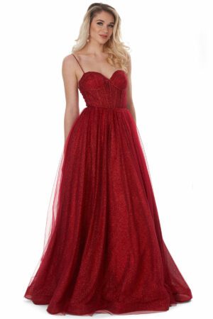 Red glitter fabric ballgown with a corset bust