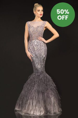 A high neck embellished fishtail dress with a feathered train