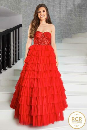 strapless ruffle ballgown with embellished corset top