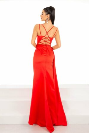 Red satin fitted dress with embellished top and corset back, with embellished slit and side piece