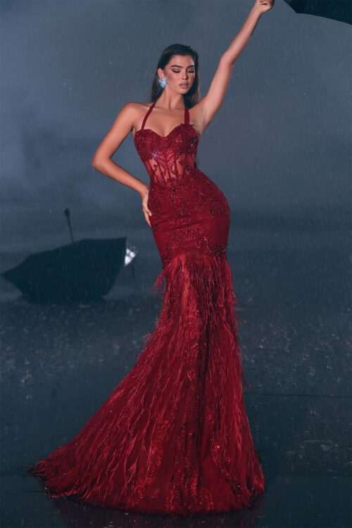 Red Fishtail Evening Dress With Feather Detailing