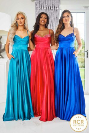 red, teal and royal A-line satin prom and evening dress