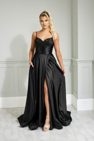 black satin aline prom dress with embellished corset