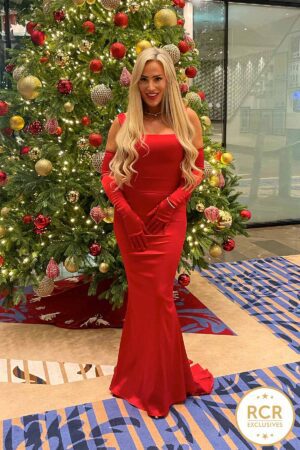 Simple yet slinky red maxi dress, complete with a mermaid train, open back, and a large bow.