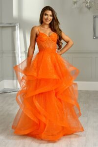 Orange ruffle ballgown with a mesh panel corset