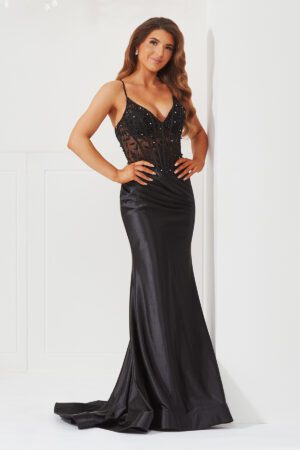 Black satin prom dress with corset bust