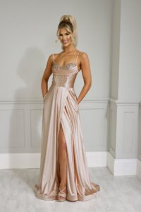 champagne satin aline prom dress with embellished corset