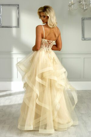 Champagne ruffle ballgown with a mesh panel corset