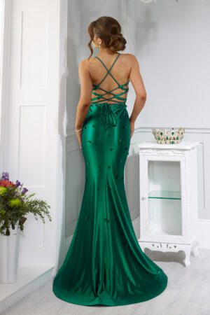 Emerald satin slinky prom dress with a corset bust