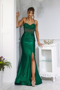Emerald satin prom dress with a corset bust