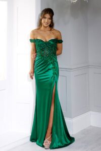 Emerald off the shoulder stain prom dress