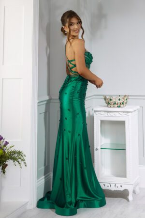 Emerald satin prom dress with a corset bust