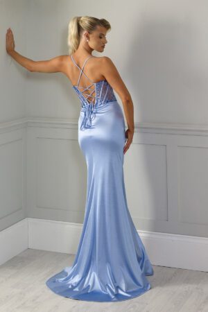 Electric blue satin prom dress with a corset bust