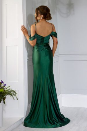 Emerald off the shoulder satin prom dress