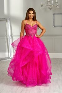 pink ruffle ballgown with mesh embellished corset