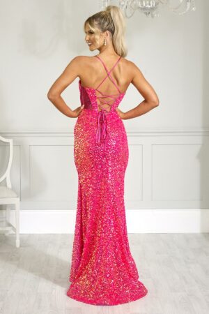 Hot pink sparkly prom dress with corset bust