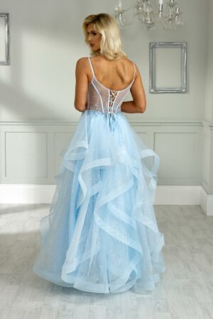 teal ruffle ballgown with mesh embellished corset