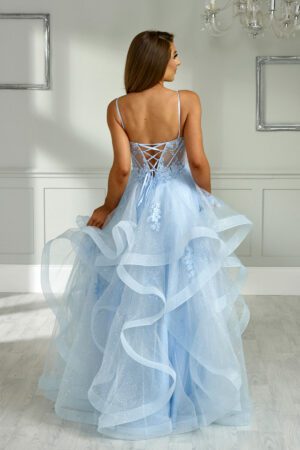 Ice blue ruffle ballgown with a mesh panel corset
