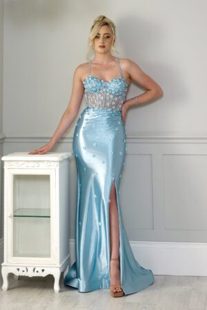 Ice blue satin prom dress with a corset bust