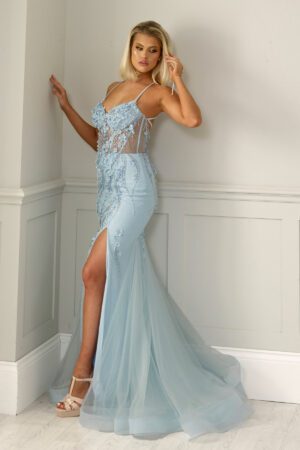 Ice blue embroidered fishtail prom dress