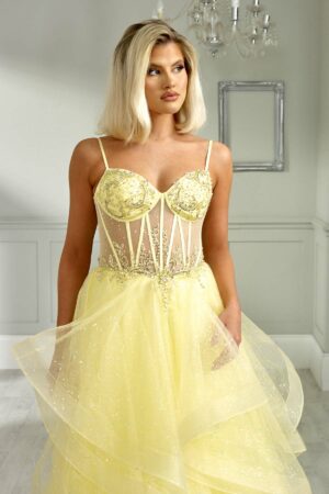 yellow ruffle ballgown with mesh embellished corset